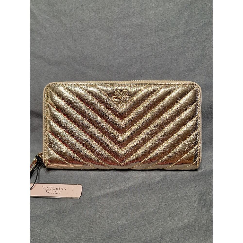 Victoria's Secret V-Quilt Metallic Crackle Zip-Around Wallet Gold